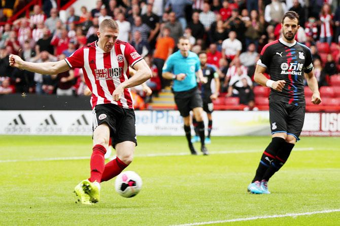 Sheffield United's John Lundstram scores their first goal against Crystal Palace at Bramall Lane in Sheffield 