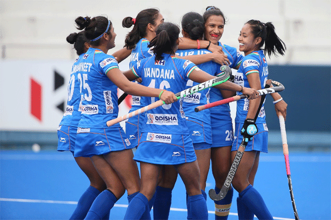 The Indian women's hockey team celebrate after the match against China on Tuesday