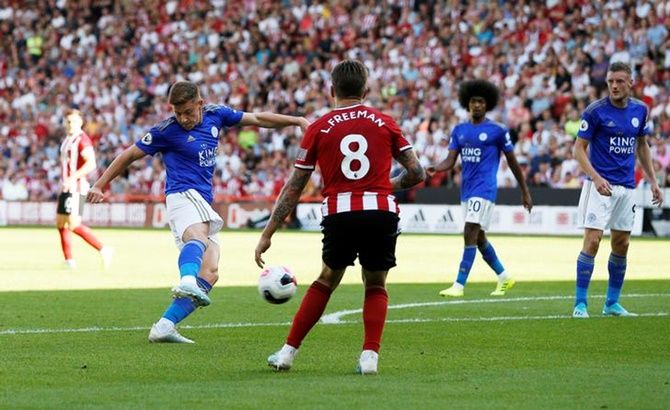 Harvey Barnes scores Leicester City's second goal.
