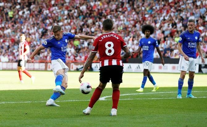 Harvey Barnes scores Leicester City's second goal.