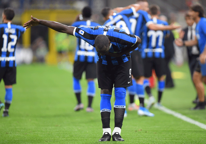 Inter Milan's Romelu Lukaku celebrates scoring their third goal against Lecce during their Serie A match at San Siro in Milan on Monday