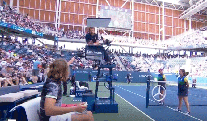 A video grab of Greece's Stefanos Tsitsipas having a go at chair umpire Damien Dumosois during his US Open first round loss on Tuesday