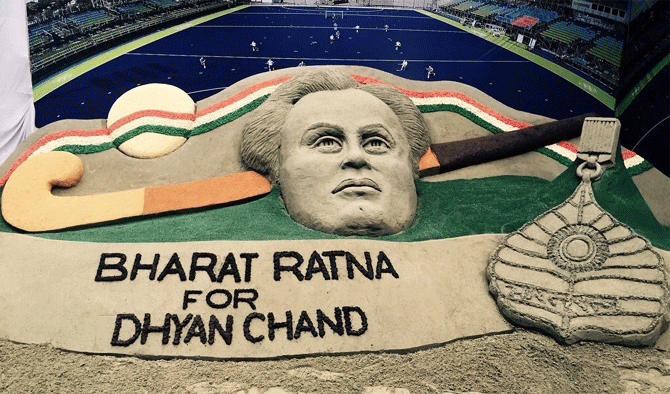 A sand caricature of hockey legend Dhyan Chand, done by Sand artist Sudarsan Pattnaik, on the former's birth anniversary on Thursday
