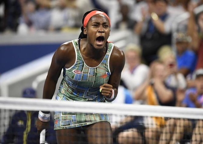 Coco Gauff reacts after winning a point during her second round match against Timea Babos.