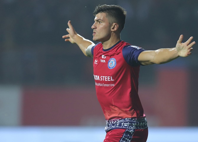 Spanish striker Sergio Castel celebrates scoring for Jamshedpur FC