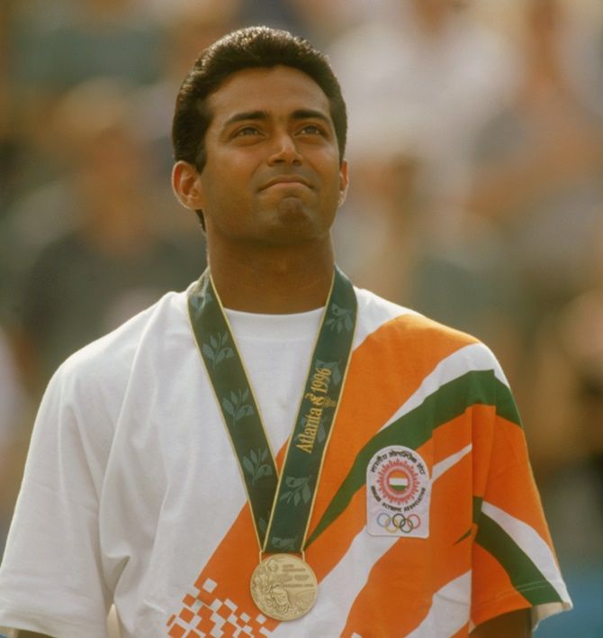 India's Leander Paes on the podium after winning the bronze medal in the men's singles tennis event at the 1996 Summer Olympic Games in Atlanta, Georgia, on August 3, 1996.