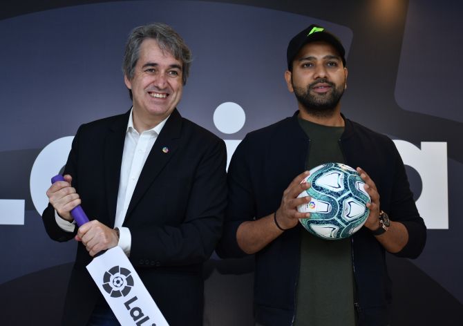 Jose Antonio Cachaza, Managing Director, LaLiga India with new LaLiga brand ambassador Rohit Sharma in Mumbai on Thursday