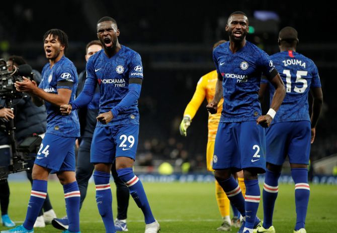 Chelsea's Antonio Rudiger (centre) celebrates with teammates after the match
