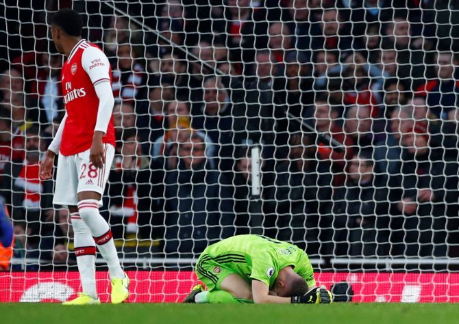 Arsenal's Bernd Leno looks dejected after Jorginho scored Chelsea's first goal 