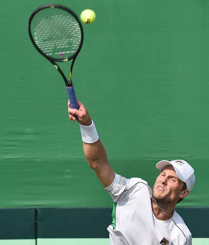 Italy's Andreas Seppi in action during mens singles tennis match against Indias Prajnesh Gunneswaran during the Davis Cup 2019 qualifiers at South Club in Kolkata on Saturday