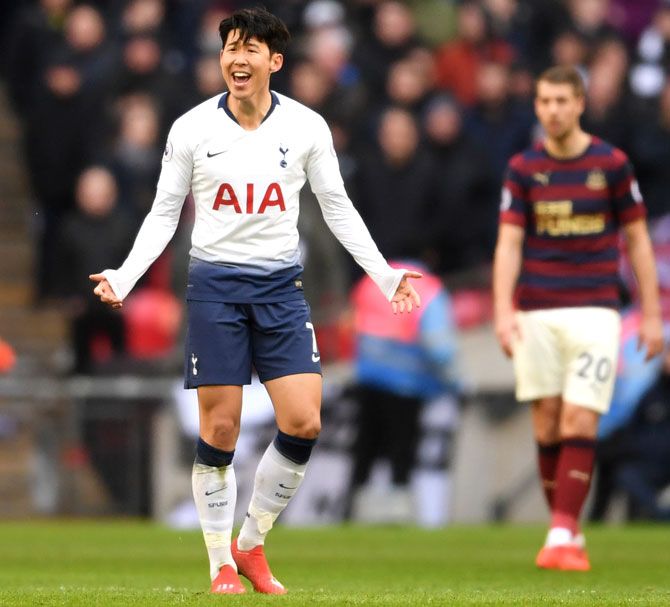 Heung-Min Son of Tottenham Hotspur celebrates after scoring against Newcastle during their Premier League match at Wembley Stadium in London on Saturday