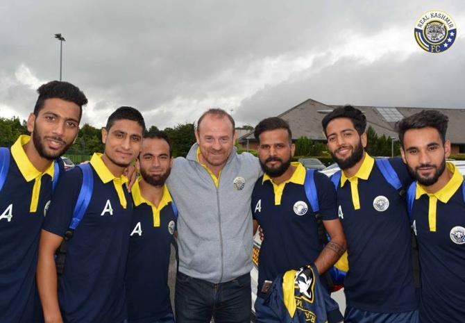 David Robertson, centre, Real Kashmir Football Club's head coach with his team