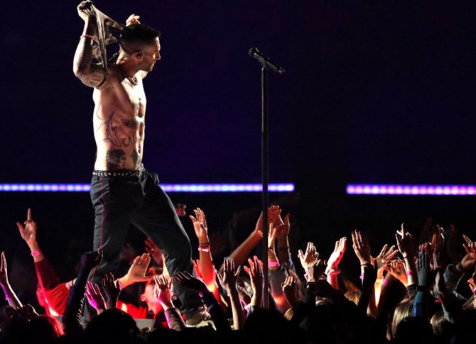 Adam Levine of Maroon 5 performs during the Pepsi Super Bowl LIII Halftime Show on Sunday February 3