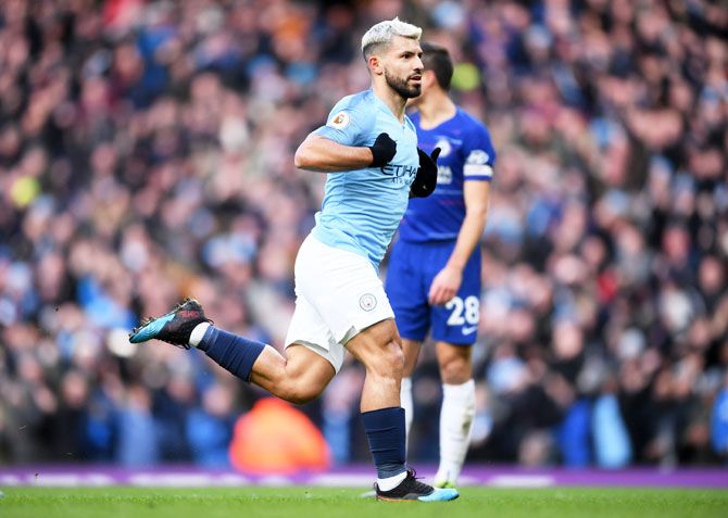 Manchester City's Sergio Aguero celebrates after scoring his team's second goal against Chelsea FC at Etihad Stadium in Manchester