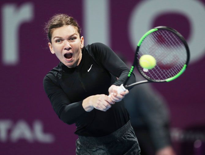 Romania's Simona Halep in action during her Qatar Open quarter-final against Germany's Julia Goerges in Khalifa International Tennis and Squash Complex in Doha on Thursday