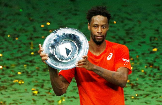 France's Gael Monfils celebrates winning the Rotterdam Open at Rotterdam Ahoy in Rotterdam, Netherlands, on Sunday