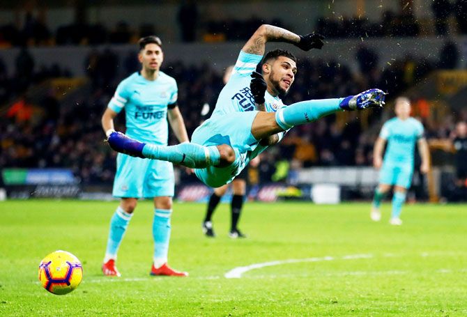 Newcastle United's DeAndre Yedlin in action during the English Premier League match against Wolverhampton Wanderers at Molineux Stadium, Wolverhampton, on Monday, February 11.