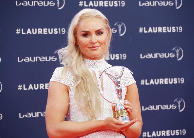 Skier Lindsey Vonn poses after winning the Spirit of Sport award