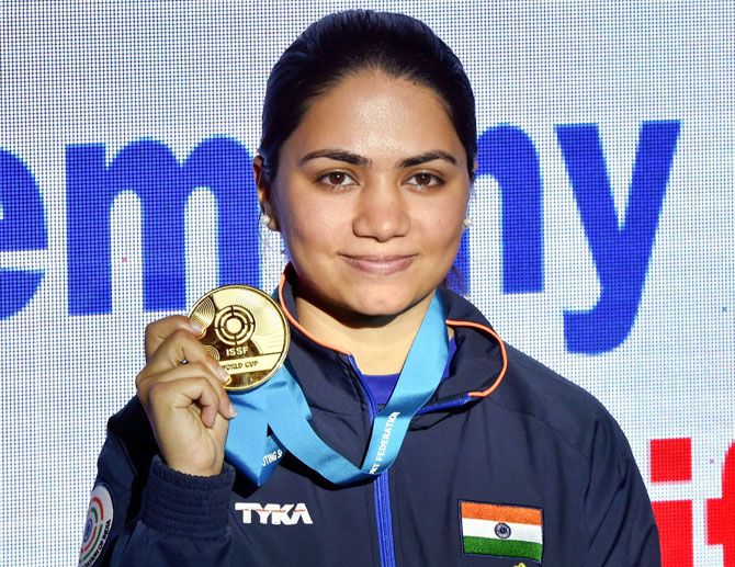 Gold medallist India's Apurvi Chandela at the medal ceremony after winning the final of women's 10m Air Rifle during the ISSF World Cup in New Delhi on Saturday, February 23