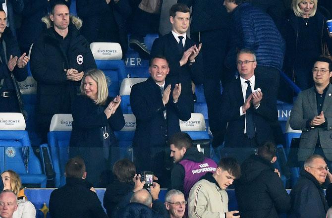 Leicester City's new manager Brendan Rodgers is introduced to the fans at the King Power Stadium on Tuesday