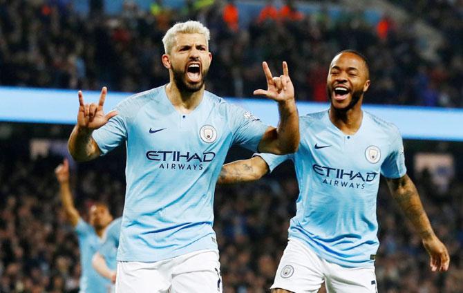 Manchester City's Sergio Aguero celebrates scoring their first goal against West Ham United at Etihad Stadium in Manchester