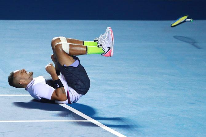  Australia's Nick Kyrgios celebrates after winning his match against Spain's Rafael Nadal on Day 3 of the Telcel Mexican Open at Mextenis Stadium in Acapulco, Mexico, on Wednesday