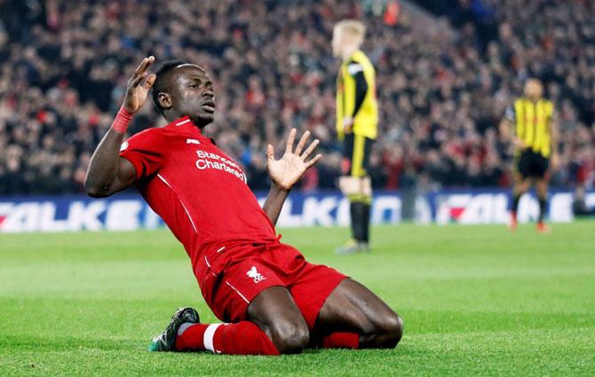 Liverpool's Sadio Mane celebrates scoring their first goal against Watford on Wednesday