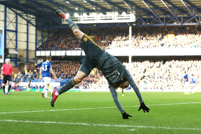 Leicester City's Jamie Vardy celebrates after scoring his side's first goal against Everton FC at Goodison Park in Liverpool