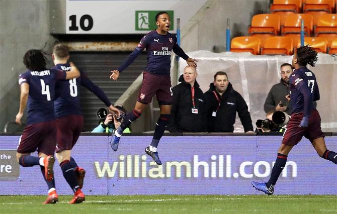 Joe Willock celebrates after scoring against Blackpool in their FA Cup match on Saturday