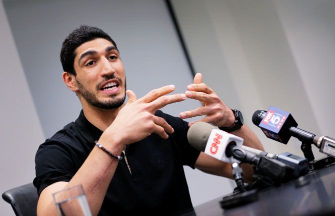 Turkish NBA player Enes Kanter speaks about the revocation of his Turkish passport and return to the United States at National Basketball Players Association headquarters in New York