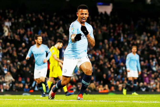 Manchester City's Gabriel Jesus celebrates scoring their fifth goal to complete his hat-trick during the League Cup semi-final first leg at Etihad Stadium in Manchester on Wednesday