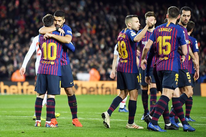 FC Barcelona players celebrate a goal. Levante said that Barca had played defender Juan ‘Chumi’ Brandariz in last week's Copa del Rey last-16, first-leg game, which Levante won 2-1, when he was supposed to be serving a suspension