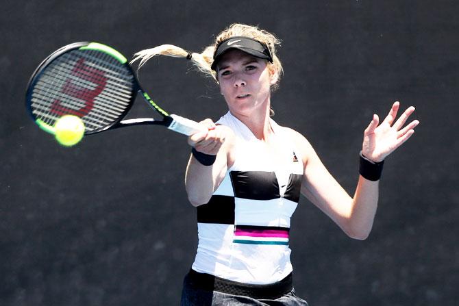 Britain's Katie Boulter in action during the match against Russia's Ekaterina Makarova on Monday