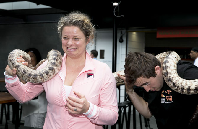 Belgian veteran player Kim Clijsters looks uncomfortable with a snake around her neck on Wednesday