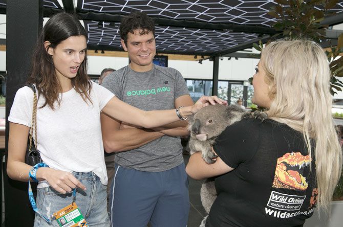 Canada's Milos Raonic and Camille Ringoir pat a Koala