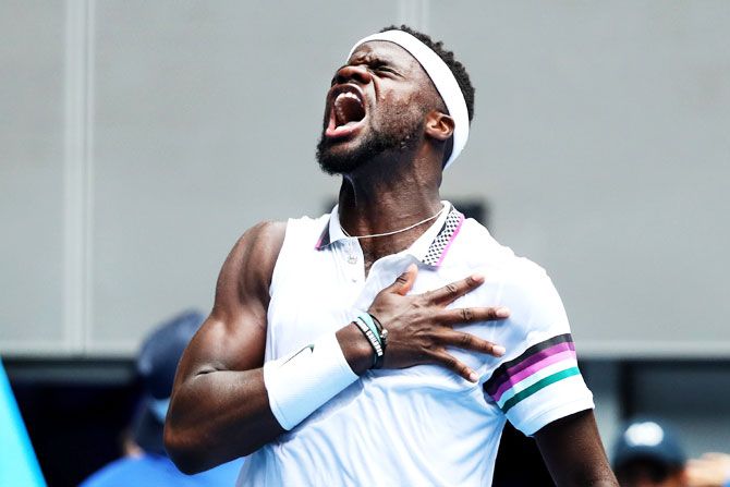 USA's Frances Tiafoe celebrates on winning his second round match against South Africa's Kevin Anderson on Wednesday