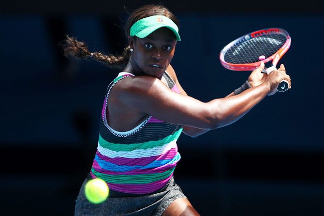 USA's Sloane Stephens plays a backhand in her second round match against Hungary's Timea Babos