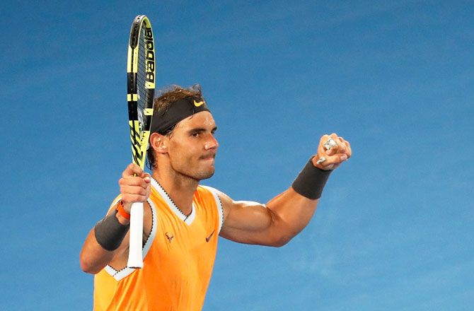 Spain's Rafael Nadal celebrates after defeating Australia's Alex de Minaur to enter the fourth round of the Australian Open