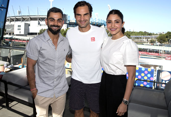 Virat Kohli and wife Anushka with Roger Federer at the Australian Open in Melbourne on Saturday