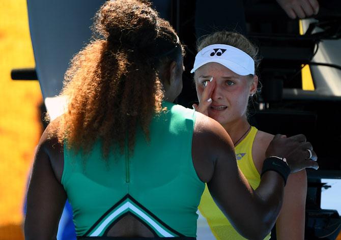 USA's Serena Williams consoles Ukraine's Dayana Yastremska after winning their third round match on Saturday, January 19