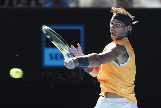 Rafael Nadal returns against the Czech Republic's Tomas Berdych at the Australian Open, January 20, 2019. Photograph: Adnan Abidi/Reuters