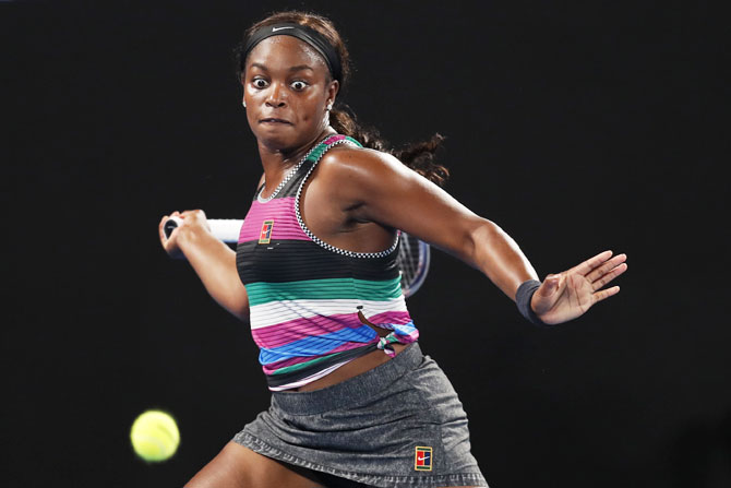 USA's Sloane Stephens plays a forehand in her fourth round match against Russia's Anastasia Pavlyuchenkova on Sunday