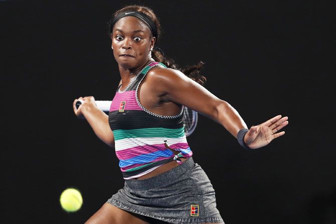 USA's Sloane Stephens plays a forehand in her fourth round match against Russia's Anastasia Pavlyuchenkova on Sunday, January 20