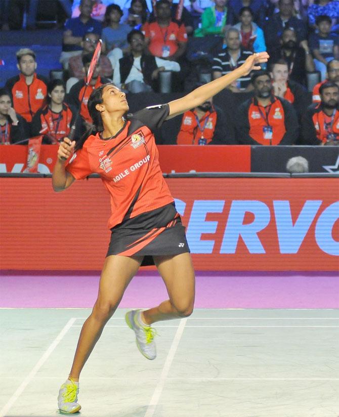 Sindhu in action during the Indonesia Masters quarters against local girl Gregoria Mariska Tunjung on Thursday