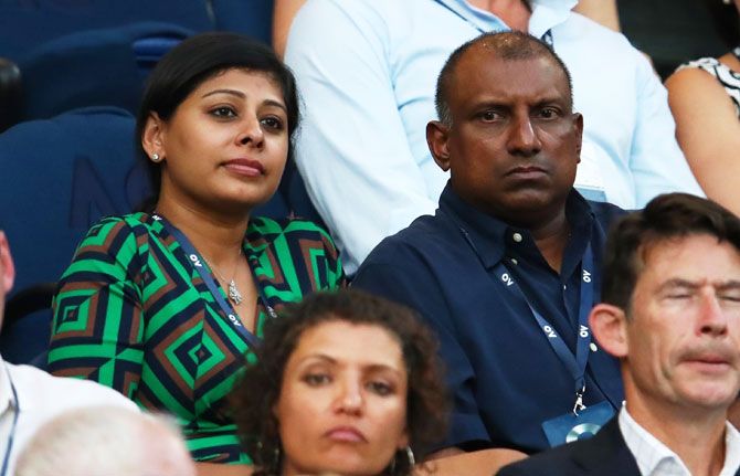 Former Sri Lanka captain Aravinda de Silva and wife Anushka de Silva watch the men's singles semi-final between Rafael Nadal and Stefanos Tsitsipas on Thursday