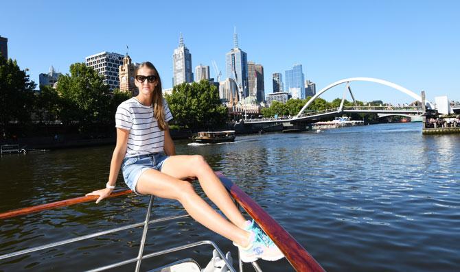 Czech Republic’s Karolina Pliskova enjoys a scenic boat cruise on the Yarra River on Tuesday, January 22