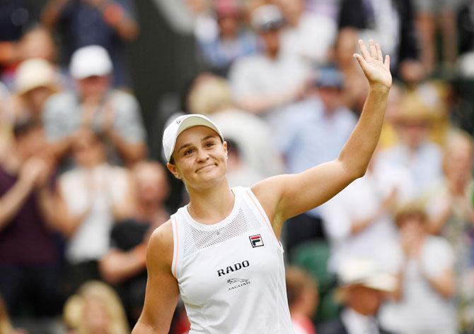 Australia's Ashleigh Barty celebrates winning her third round match against Britain's Harriet Dart