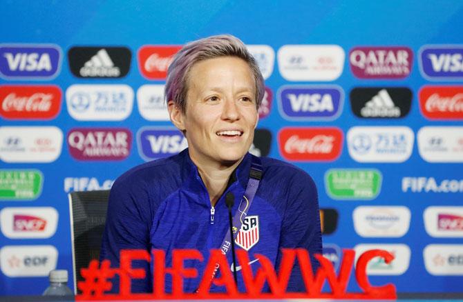 US football captain Megan Rapinoe speaks during the press conference at Groupama Stadium, Lyon, France, on Saturday