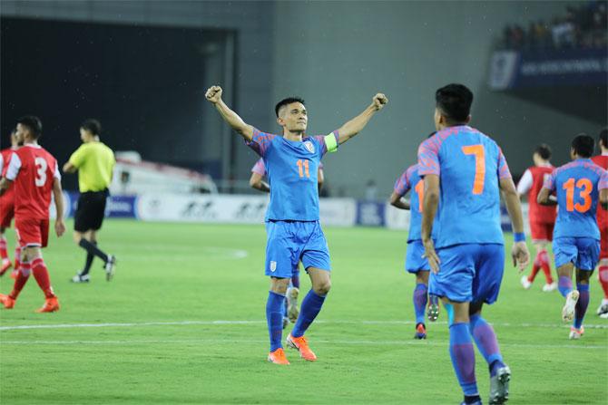 Sunil Chhetri celebrates on scoring against Tajikistan in the Intercontinental Cup on Sunday