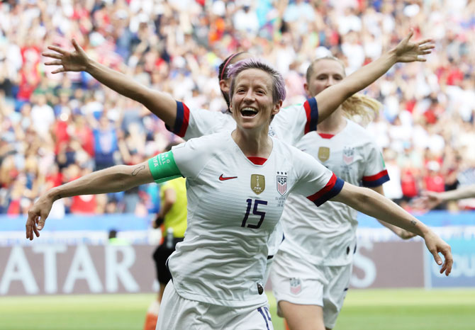 USA's Megan Rapinoe celebrates scoring their first goal from the penalty spot against The Netherlands at Groupama Stadium, Lyon, France, on Sunday
